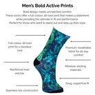 Men's bold active green and blue tropical fern print sock with technical features listed on a white background.