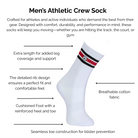 Men's white and red striped athletic crew sock with technical features listed on a white background.