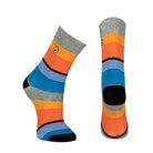 Combed cotton grey seamless toe anklet with yellow, orange, royal blue, sky blue and white and black stripes with a black heel and toe.