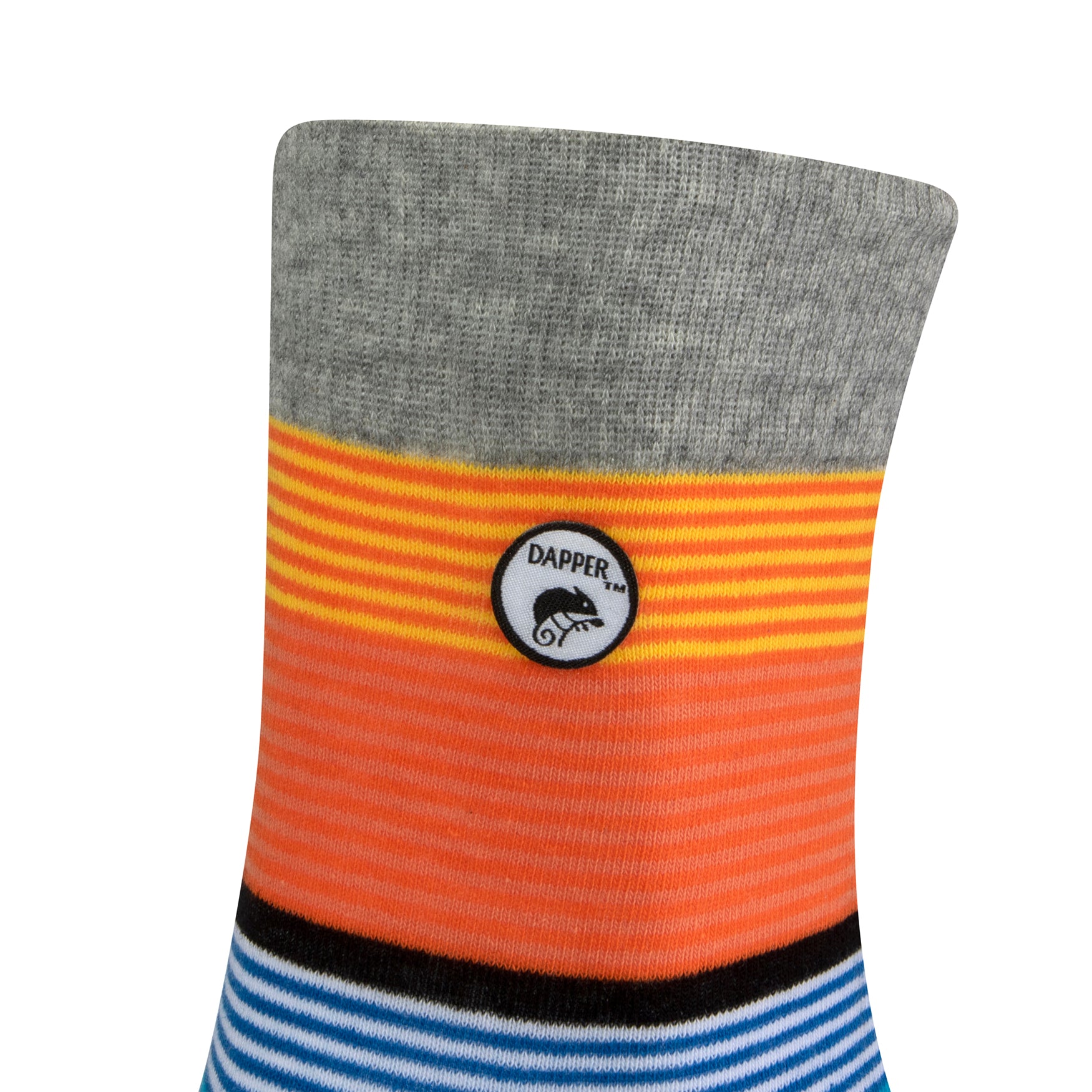 Side view of a combed cotton grey seamless toe anklet with yellow, orange, royal blue, sky blue and white and black stripes with Dapper Chameleon logo.