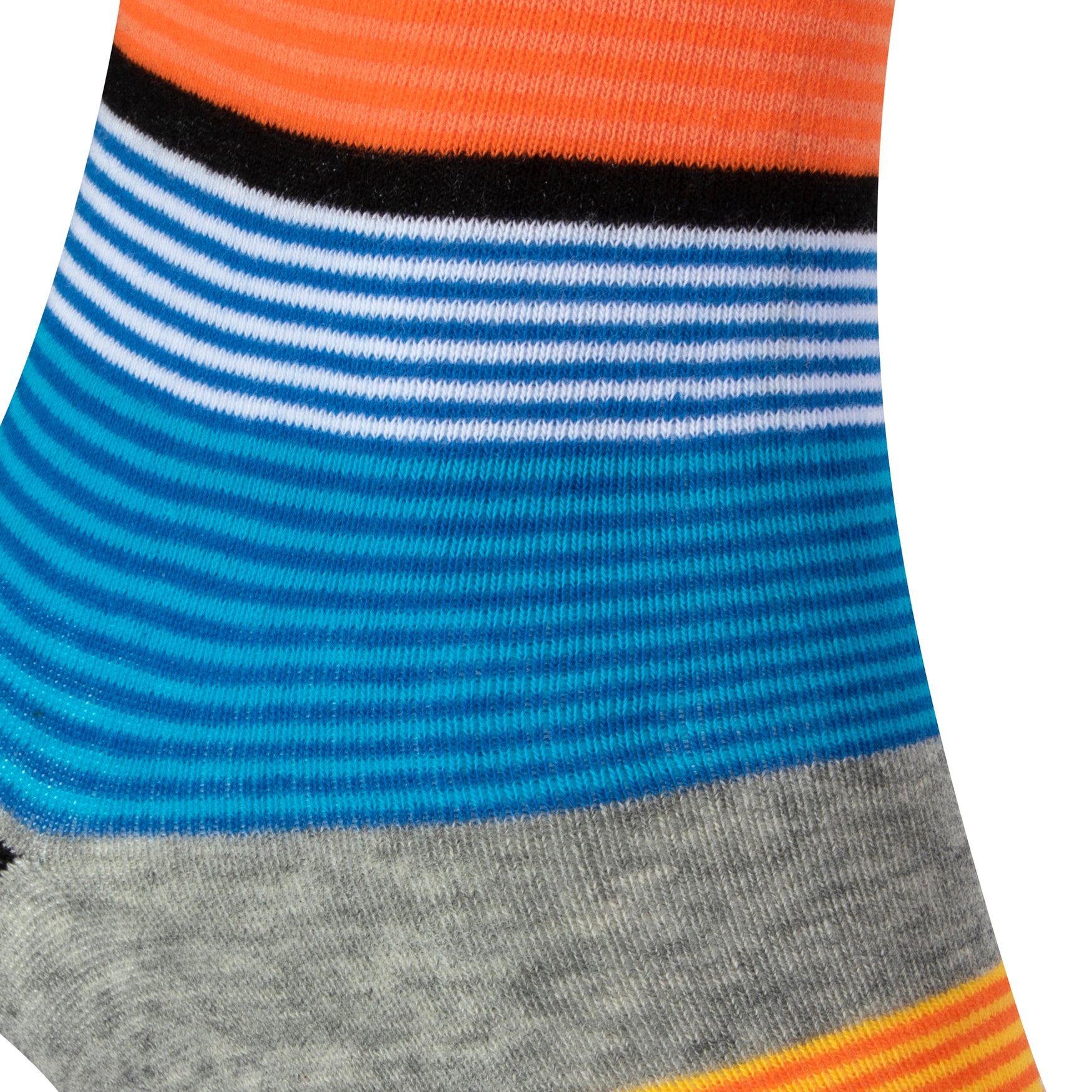 Textured view of a combed cotton grey seamless toe anklet with yellow, orange, royal blue, sky blue and white and black stripes.