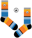 A Computer-Aided Design of a combed cotton grey seamless toe anklet with yellow, orange, royal blue, sky blue and white and black stripes with a black heel and toe.