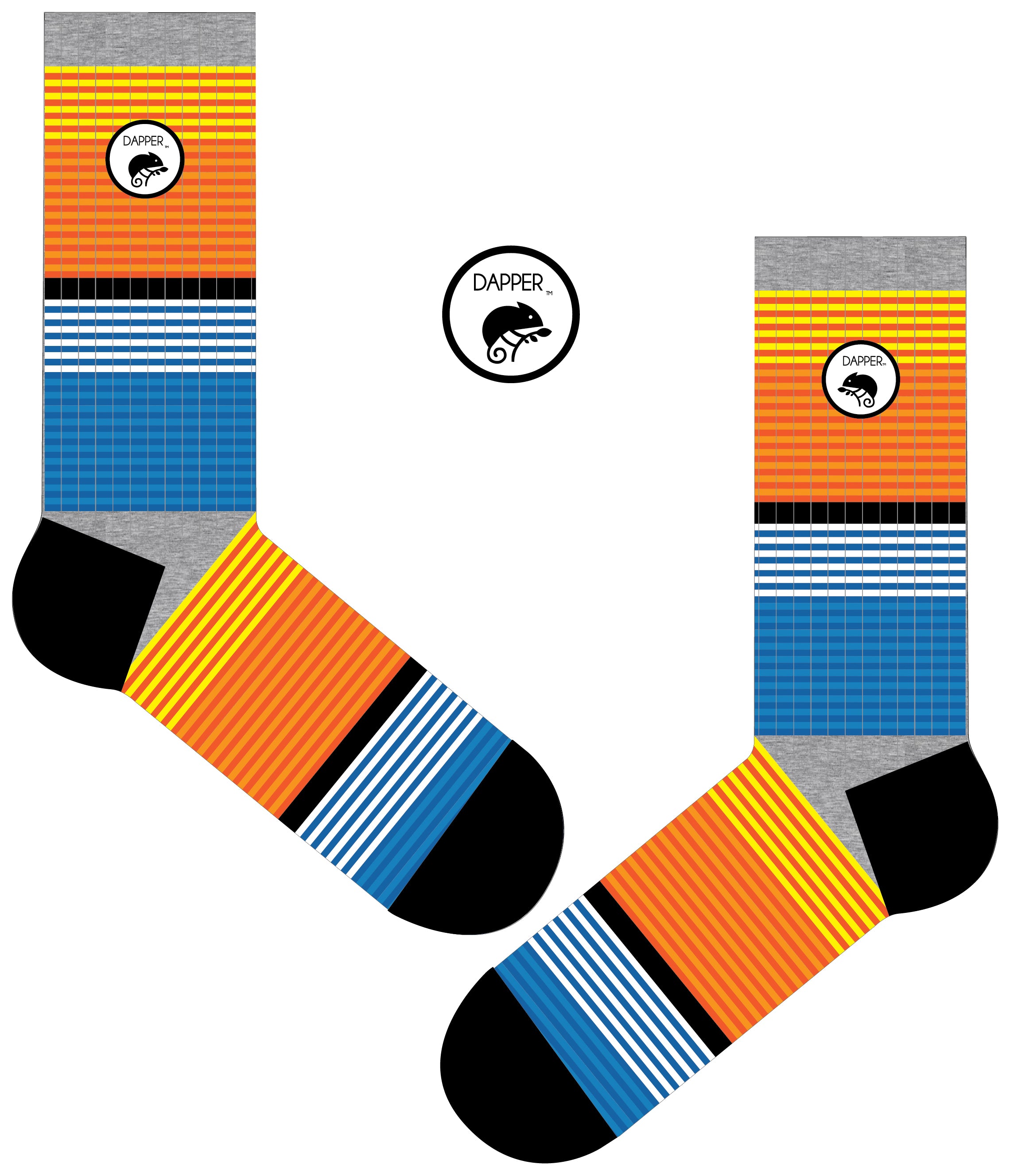 A Computer-Aided Design of a combed cotton grey seamless toe anklet with yellow, orange, royal blue, sky blue and white and black stripes with a black heel and toe.