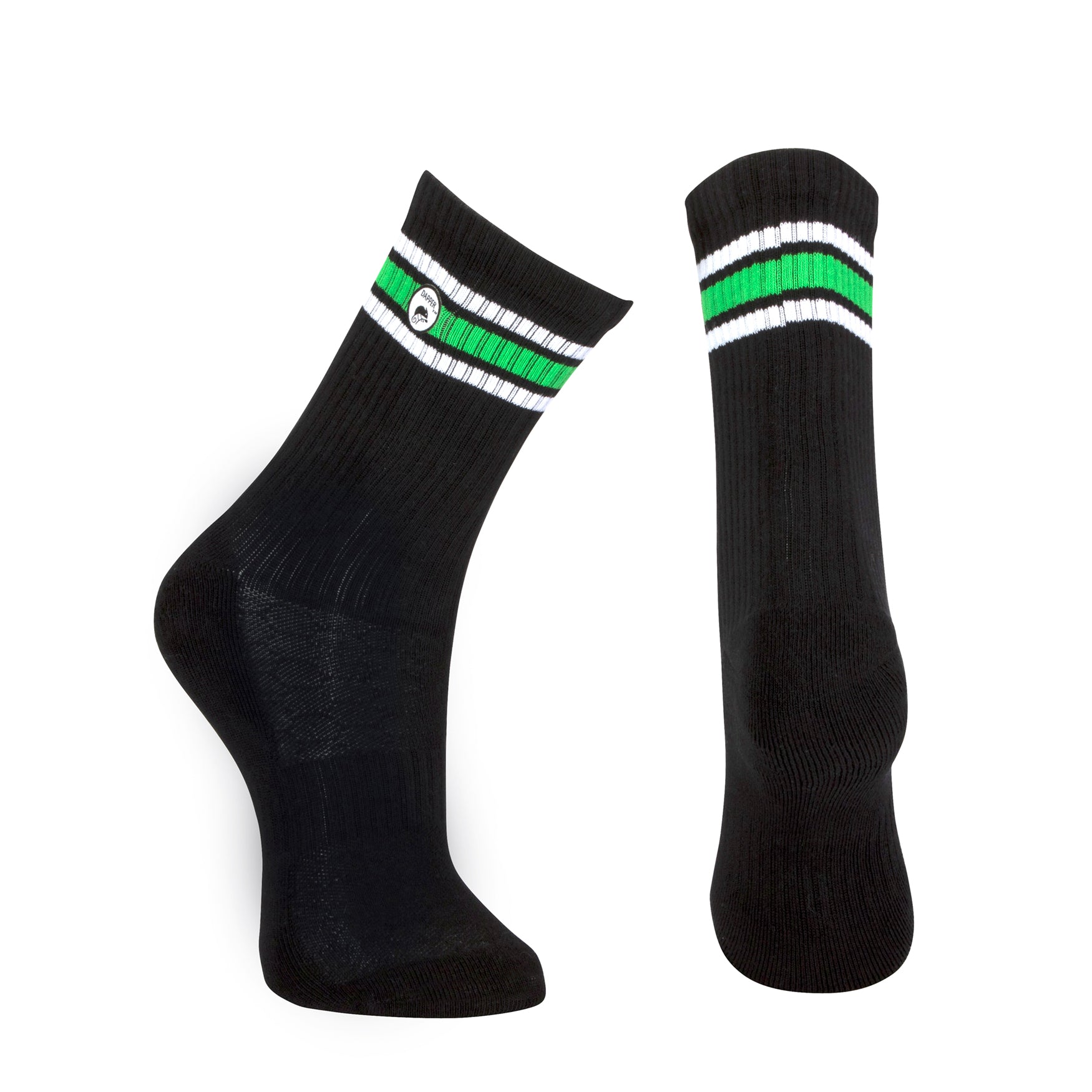 Long length ribbed black combed cotton seamless toe anklet with neon green and white stripes with a black heel and toe, cushioned foot and circular gripper around the arch of the foot.