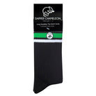 Header card packaging of a long length ribbed black combed cotton seamless toe anklet with neon green and white stripes with a black heel and toe, cushioned foot and circular gripper around the arch of the foot.