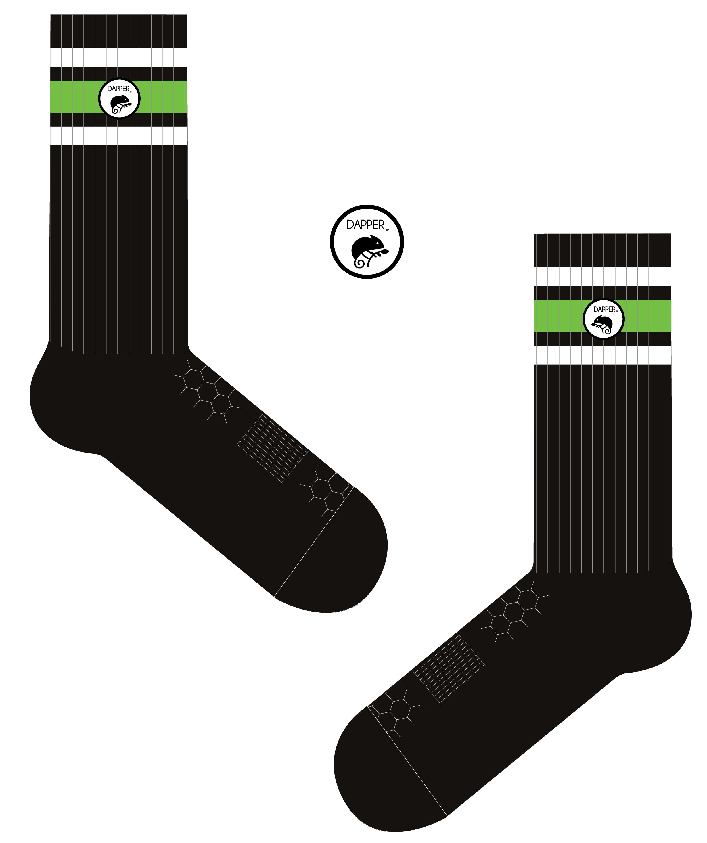 A Computer-Aided Design of a long length ribbed black combed cotton seamless toe anklet with neon green and white stripes with a black heel and toe, cushioned foot and circular gripper around the arch of the foot.