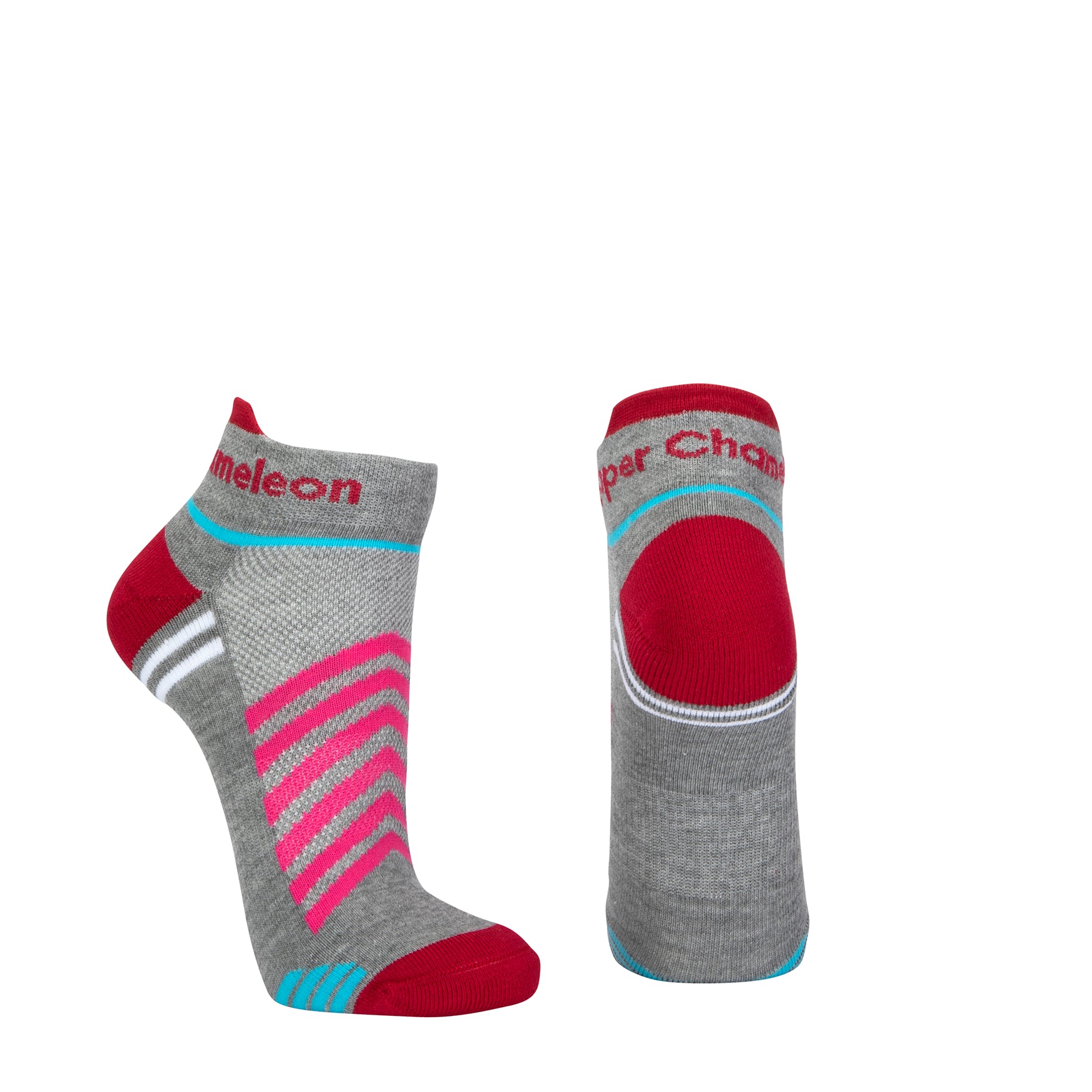 Grey seamless toe sport sock with cerise pink and white stripes with a maroon red cushioned lip, heel and toe.