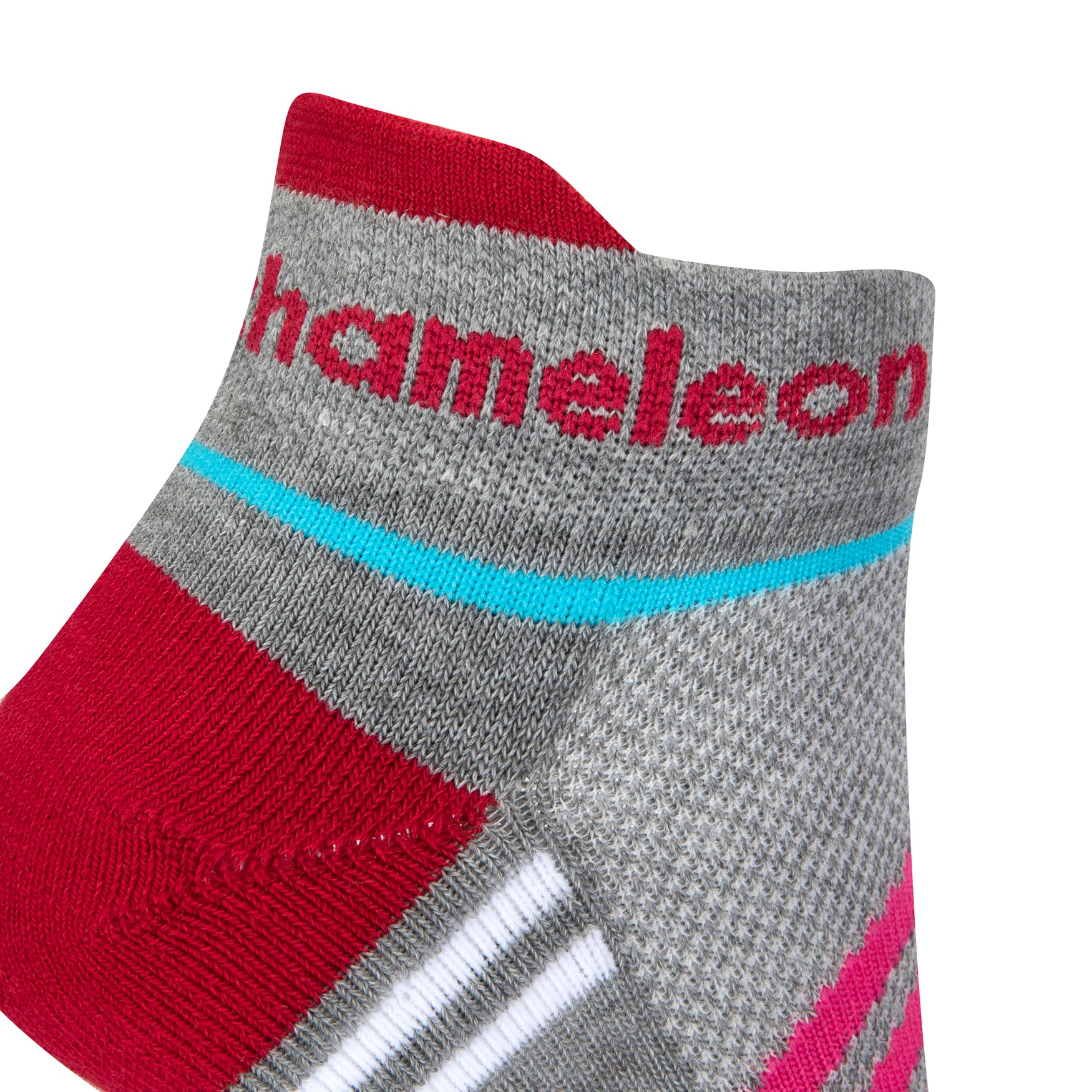 Side view of a Grey seamless toe sport sock with cerise pink and white stripes with a maroon red cushioned heel and lip with maroon red Dapper Chameleon wording on the cuff.