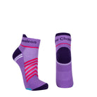 Purple seamless toe sport sock with neon pink and white stripes with a dark purple cushioned lip, heel and toe.