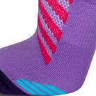 Textured view of a purple seamless toe sport sock with neon pink and sky blue stripes with a dark purple cushioned toe.