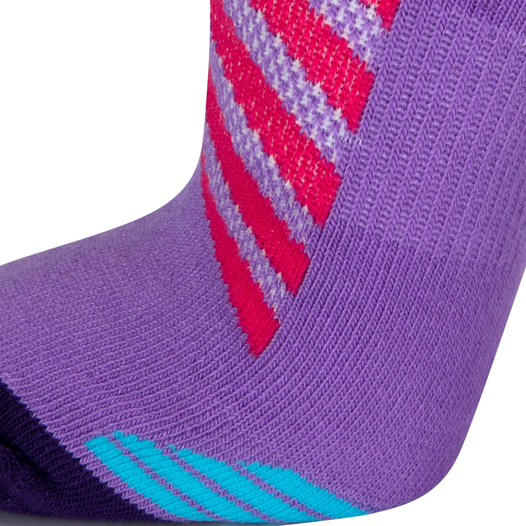 Textured view of a purple seamless toe sport sock with neon pink and sky blue stripes with a dark purple cushioned toe.