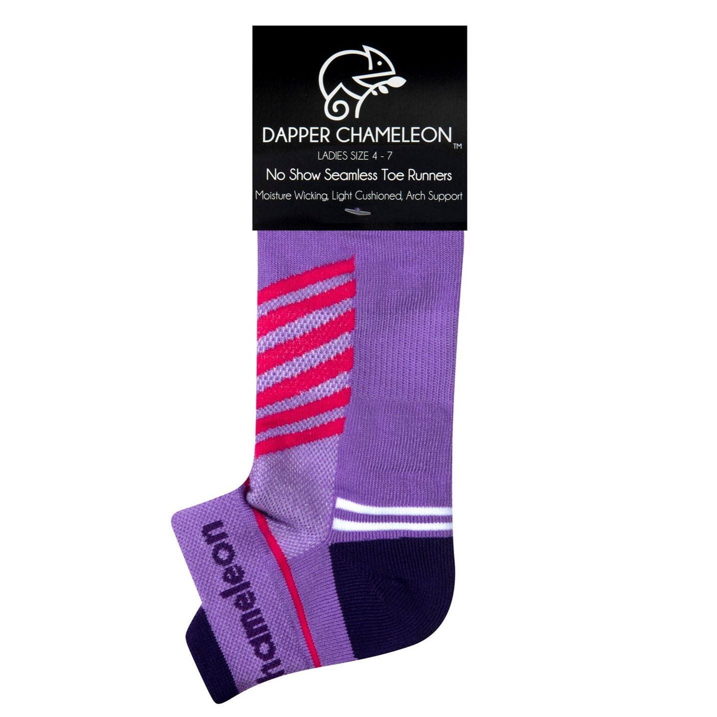 Header card packaging of a purple seamless toe sport sock with neon pink and white stripes with a dark purple cushioned lip, heel and toe.