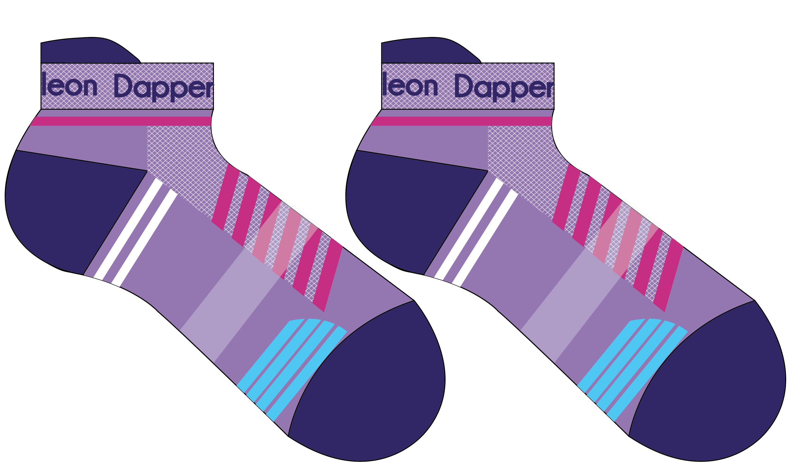 A Computer-Aided Design of a purple seamless toe sport sock with neon pink, white and sky blue stripes with a dark purple cushioned lip, heel and toe.