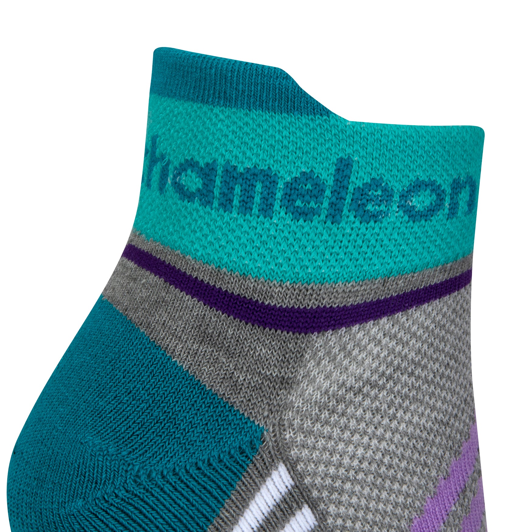 Side view of a grey seamless toe sport sock with dark purple, lilac and white stripes with an emerald green cushioned lip and heel with teal Dapper Chameleon wording on the cuff.