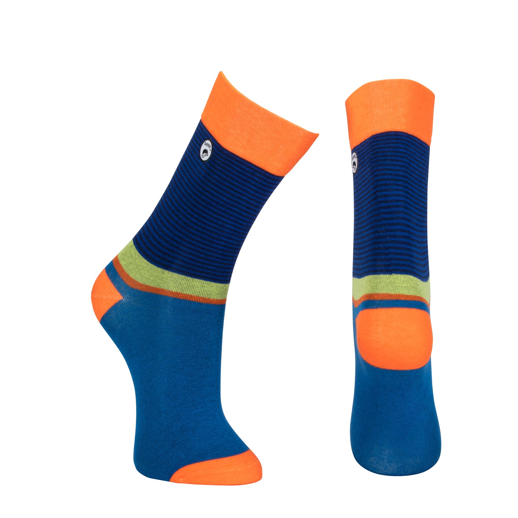 Combed cotton seamless toe anklet with a blue, black and yellow stripe with a orange heel, toe and cuff.