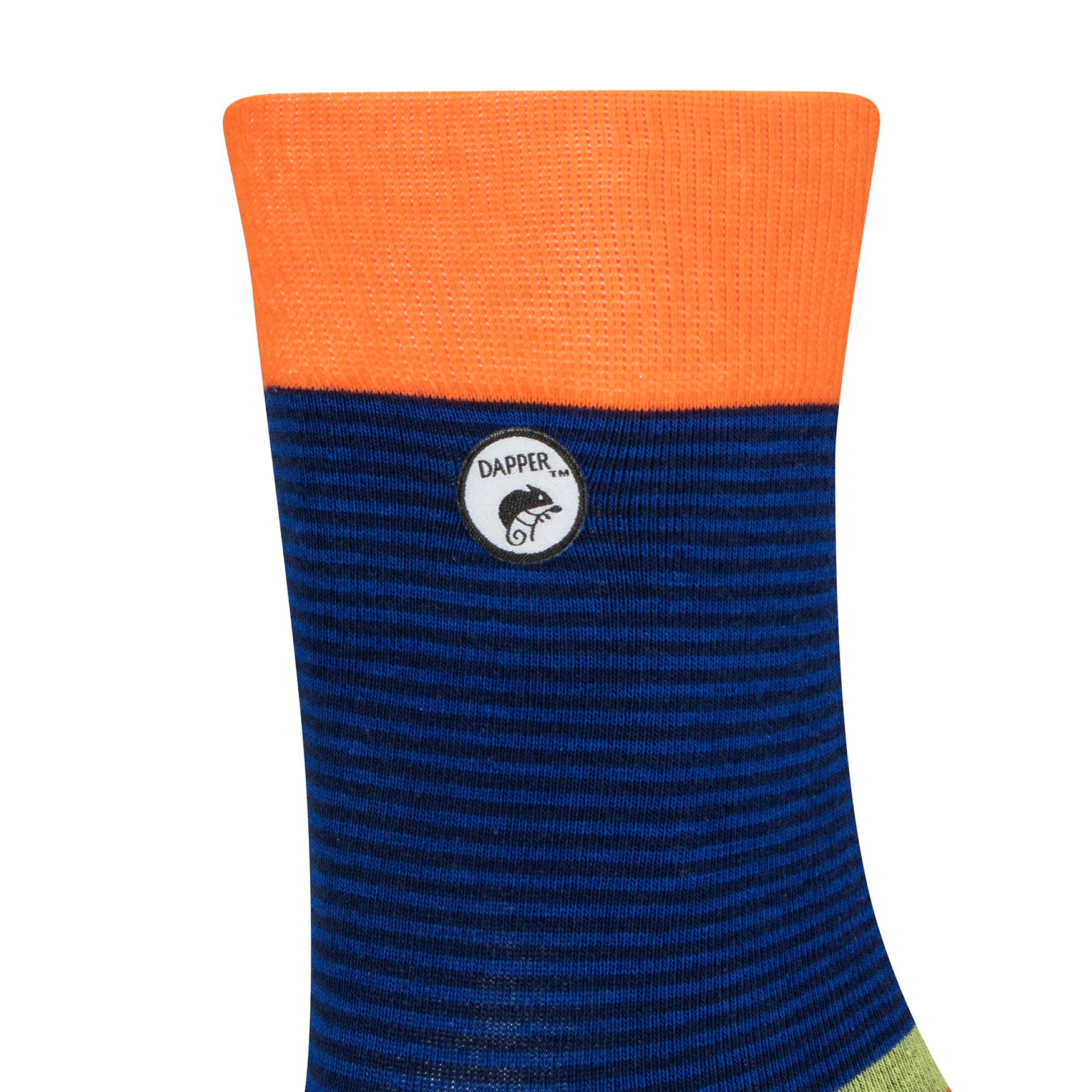 Side view of a combed cotton seamless toe anklet with a blue, black and yellow stripe with Dapper Chameleon logo and orange cuff.