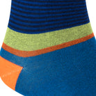 Textured heel view of a combed cotton seamless toe anklet with a blue, black and yellow stripe with a orange heel.