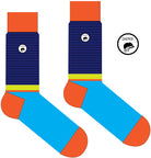 A Computer-Aided Design of a combed cotton seamless toe anklet with a blue, black and yellow stripe with a orange heel, toe and cuff.