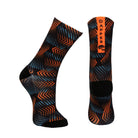 Black seamless toe sock with orange and blue geometric print design and black heel and toe.