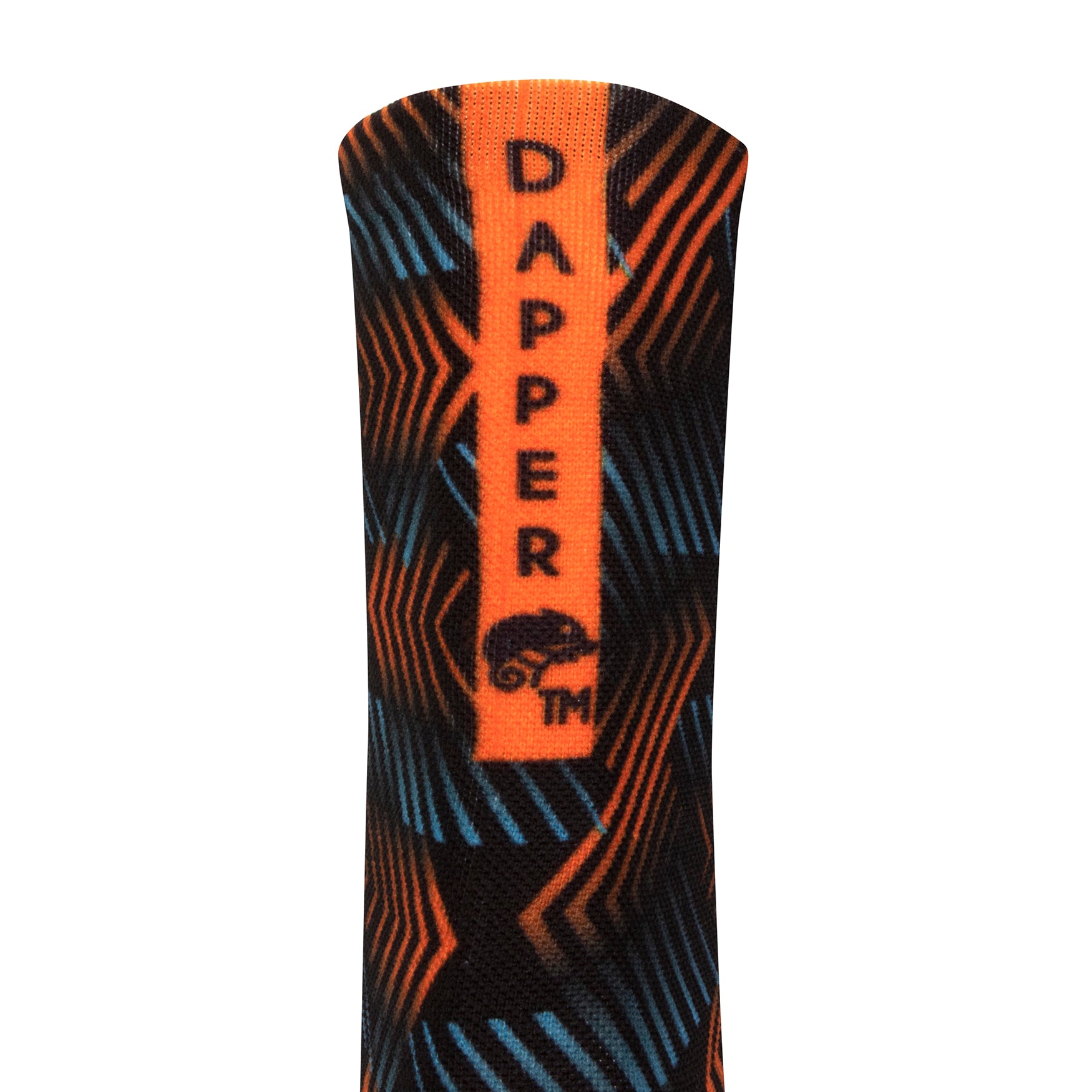 Back view of a black seamless toe sock with orange and blue geometric print design with a bright orange strip with Dapper Chameleon wording and logo in black.