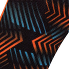 Textured view of a black seamless toe sock with orange and blue geometric print design.