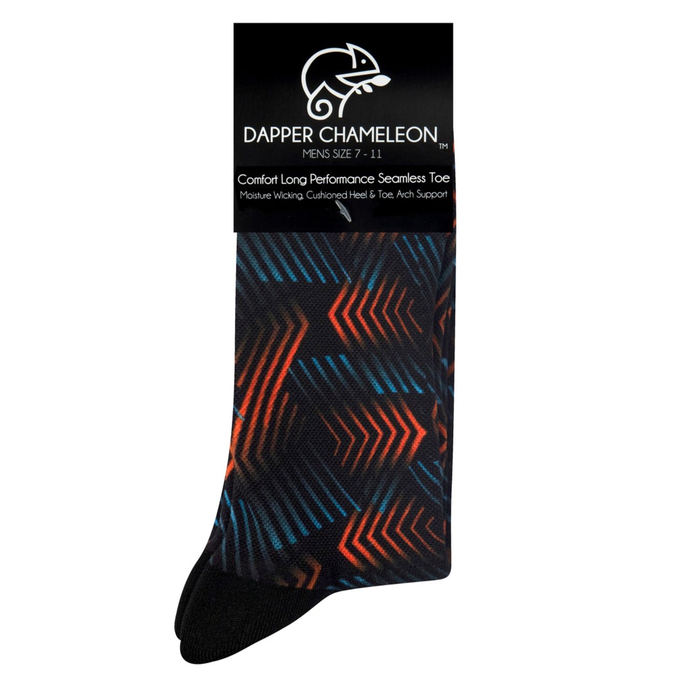 Header card packaging of a black seamless toe sock with orange and blue geometric print design and black heel and toe.