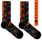 A Computer-Aided Design of a black seamless toe sock with orange and blue geometric print design and black heel and toe.