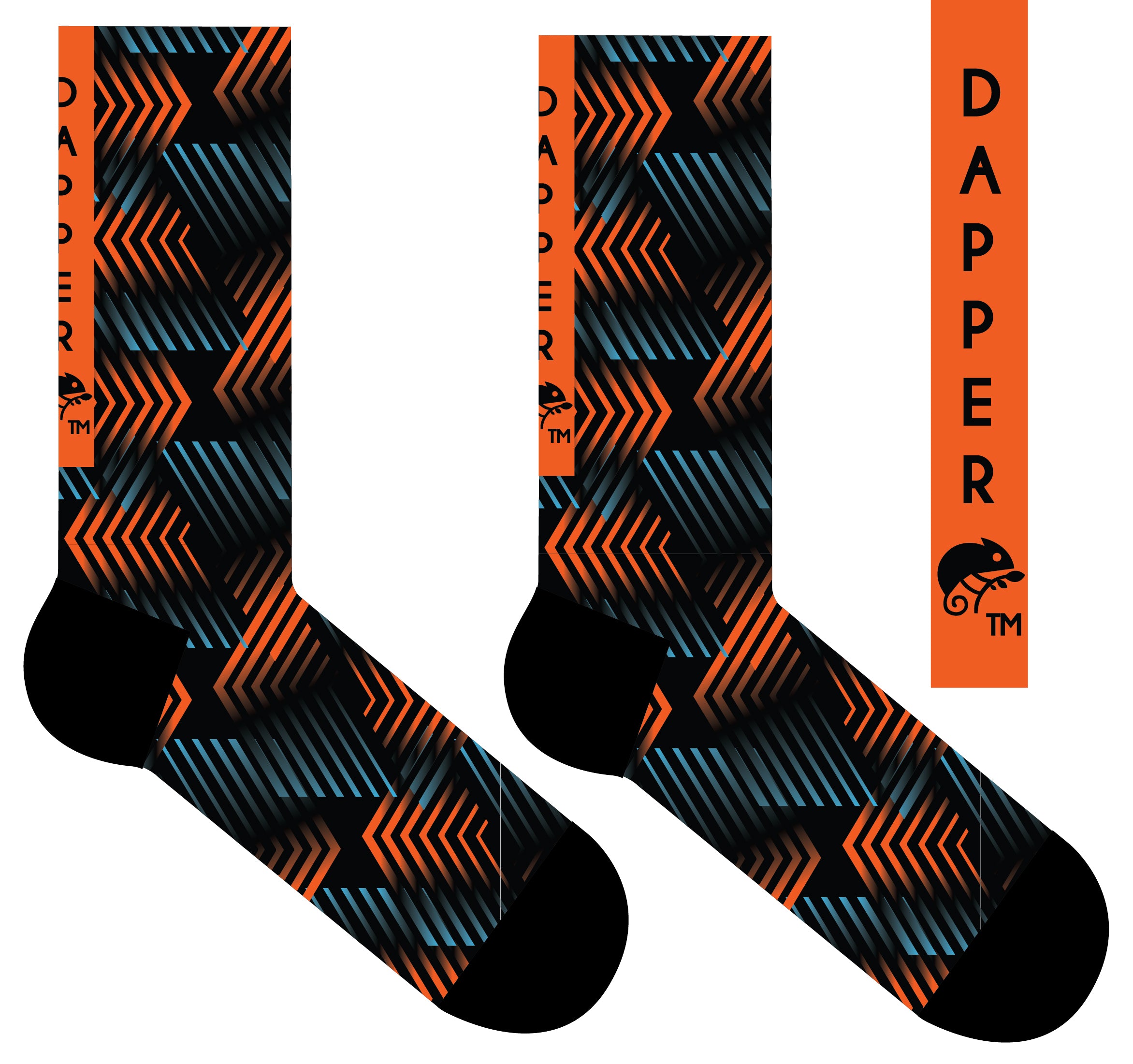 A Computer-Aided Design of a black seamless toe sock with orange and blue geometric print design and black heel and toe.