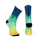 Seamless toe sock with blue, green, yellow ombre print design and black heel and toe.