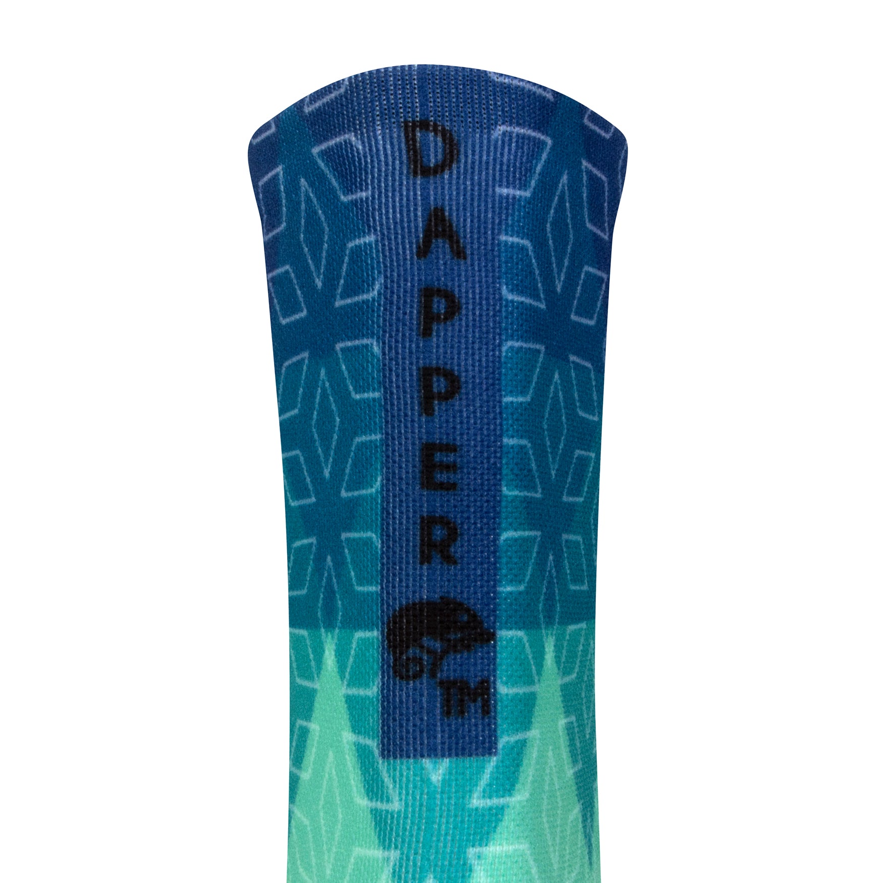 Back view of a seamless toe sock with blue and green ombre print design with a blue strip with Dapper Chameleon wording and logo in black.