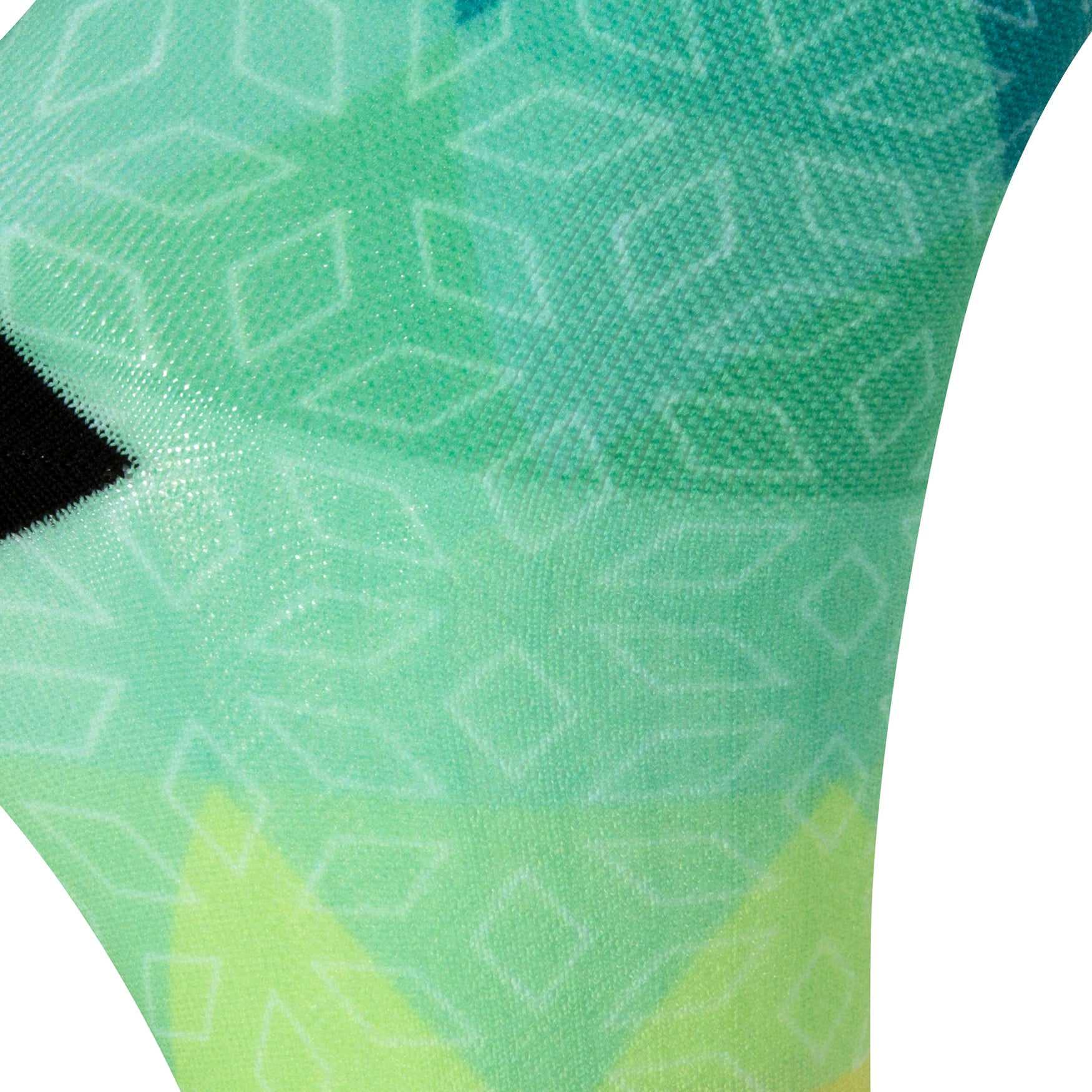 Textured heel view of a seamless toe sock with blue, green, yellow ombre print design and black heel.