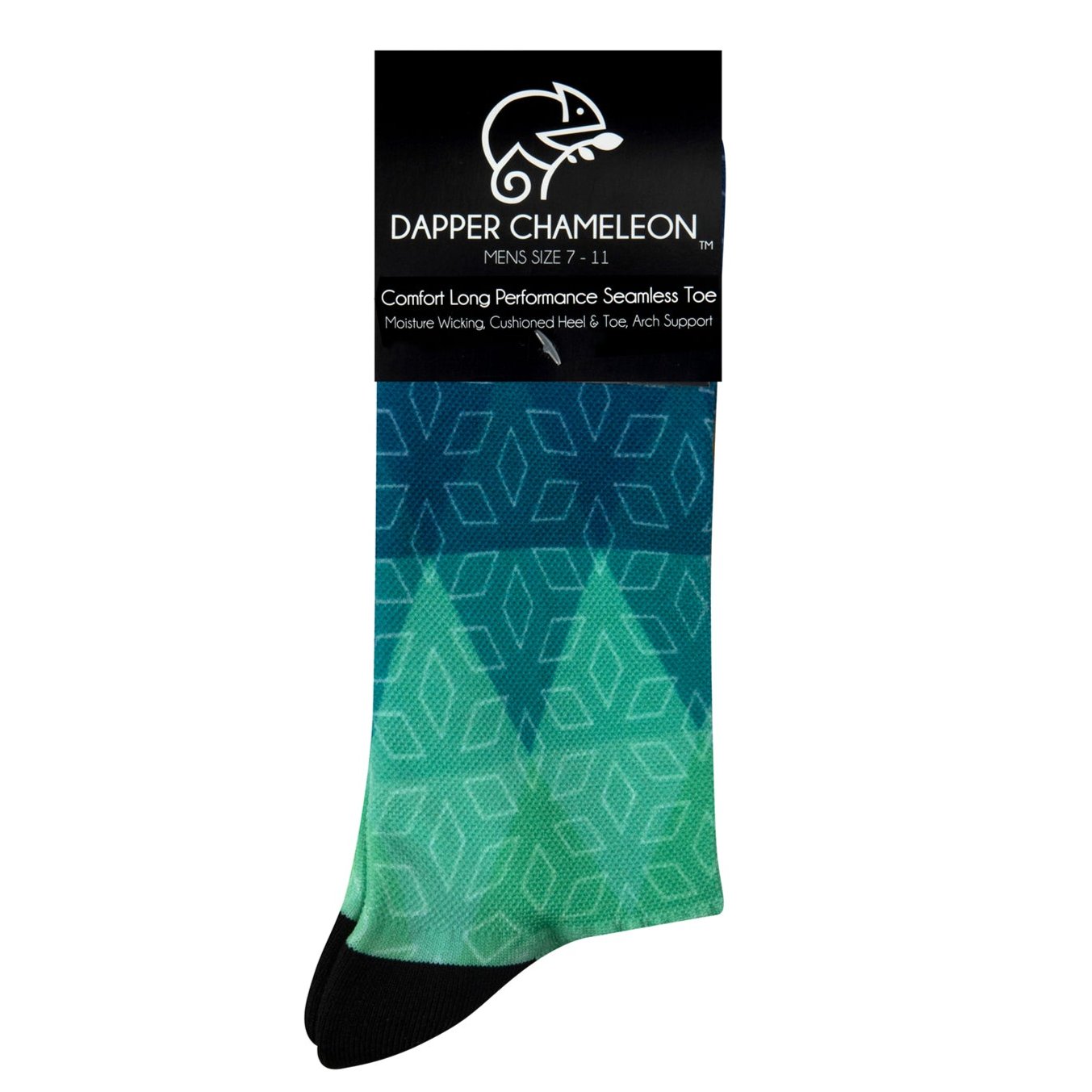 Header card packaging of a seamless toe sock with blue, green, yellow ombre print design and black heel and toe.