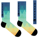 A Computer-Aided Design of a seamless toe sock with blue, green, yellow ombre print design and black heel and toe.