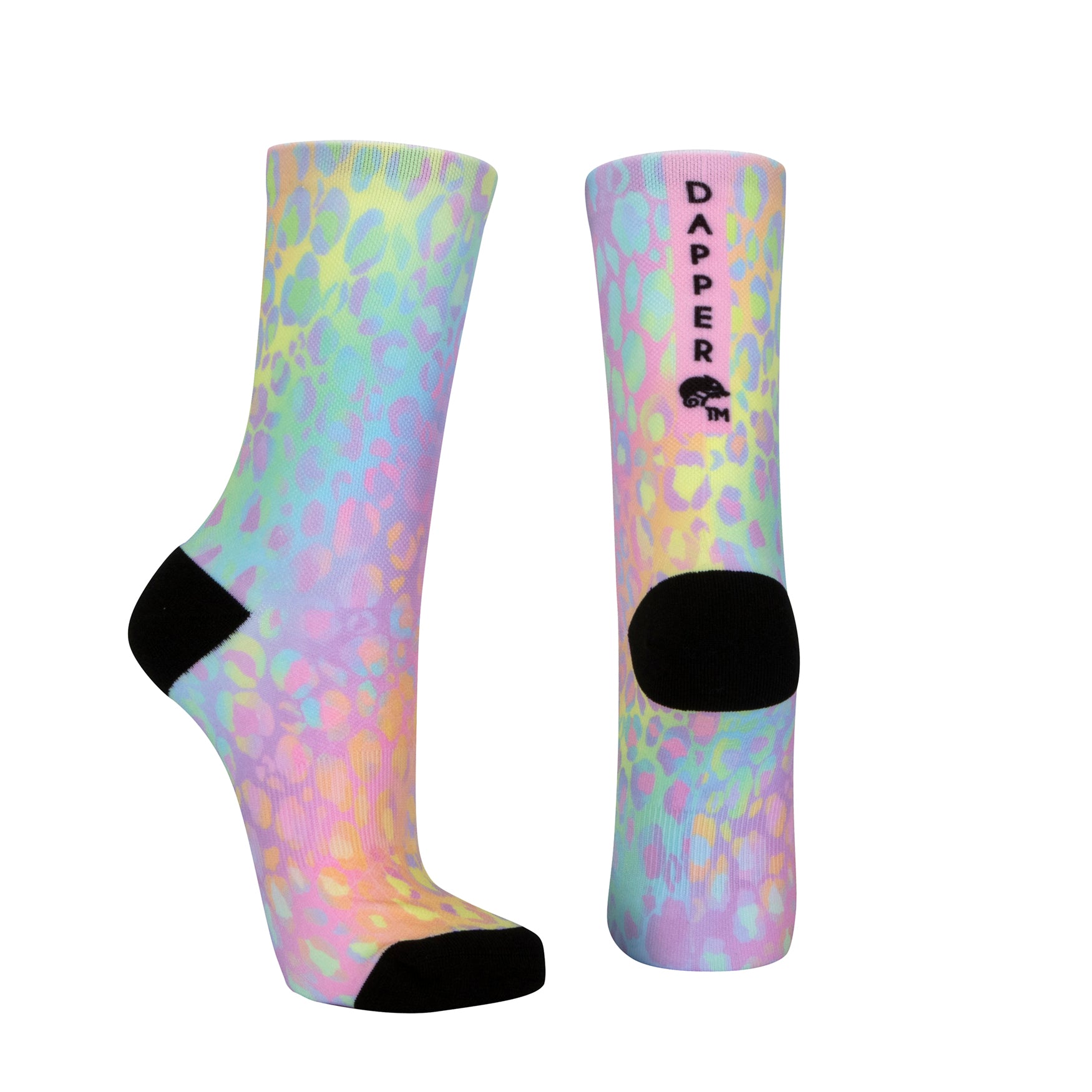 Seamless toe sock with pastel leopard print and black heel and toe.