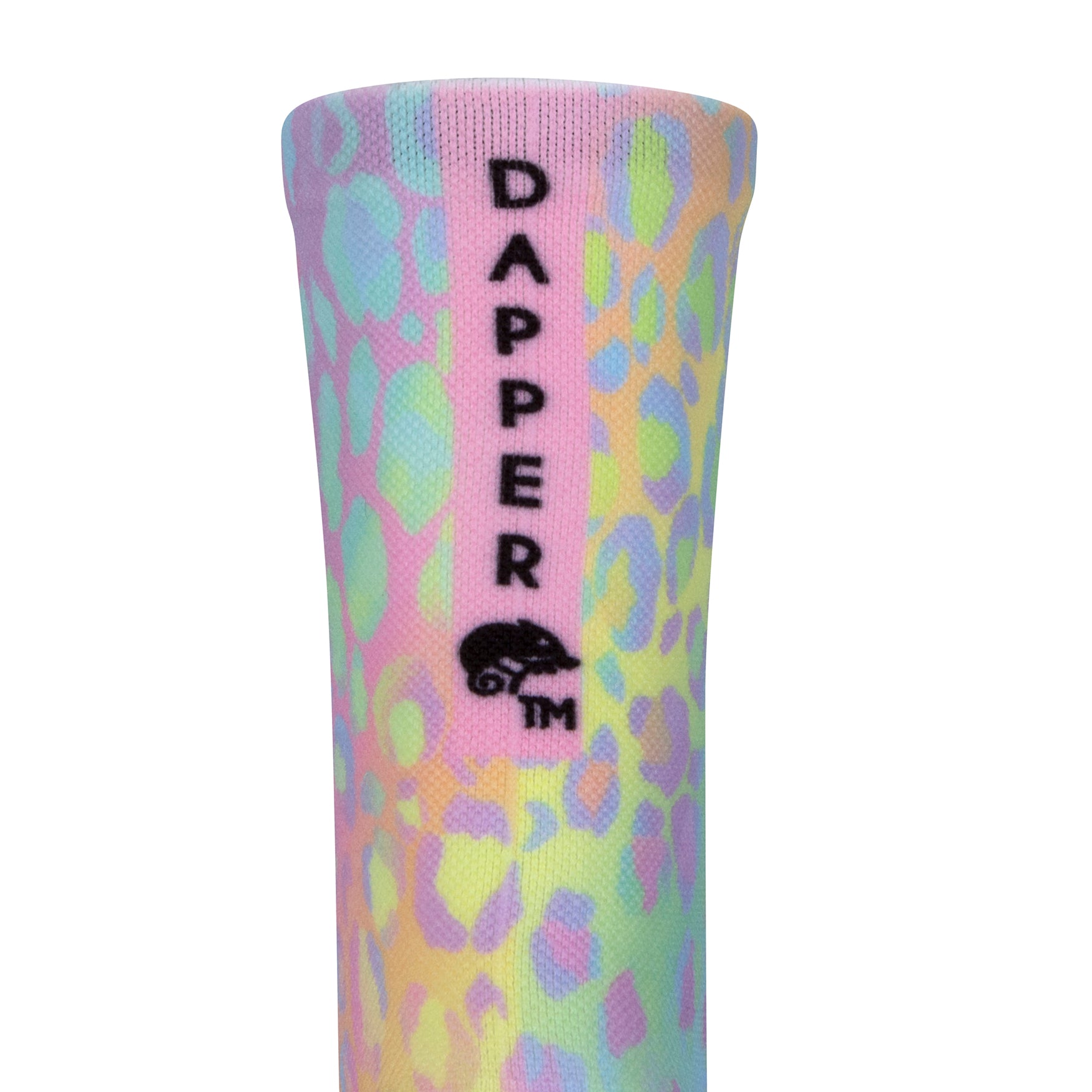 Back view of a seamless toe sock with pastel leopard print with a baby pink strip with Dapper Chameleon wording and logo in black.