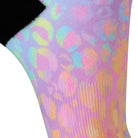 Textured heel view of a seamless toe sock with pastel leopard print and black heel.