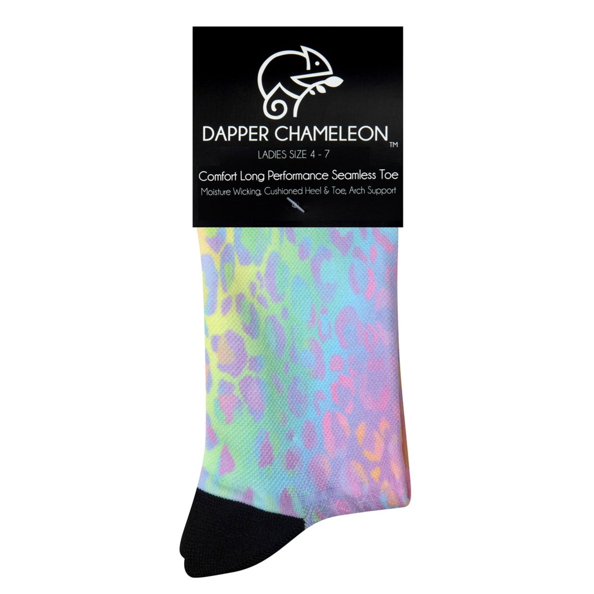 Header card packaging of a seamless toe sock with pastel leopard print and black heel and toe.