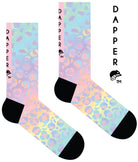 A Computer-Aided Design of a seamless toe sock with pastel leopard print and black heel and toe.