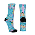 Seamless toe sock with pastel blue and pink fern design print and black heel and toe.