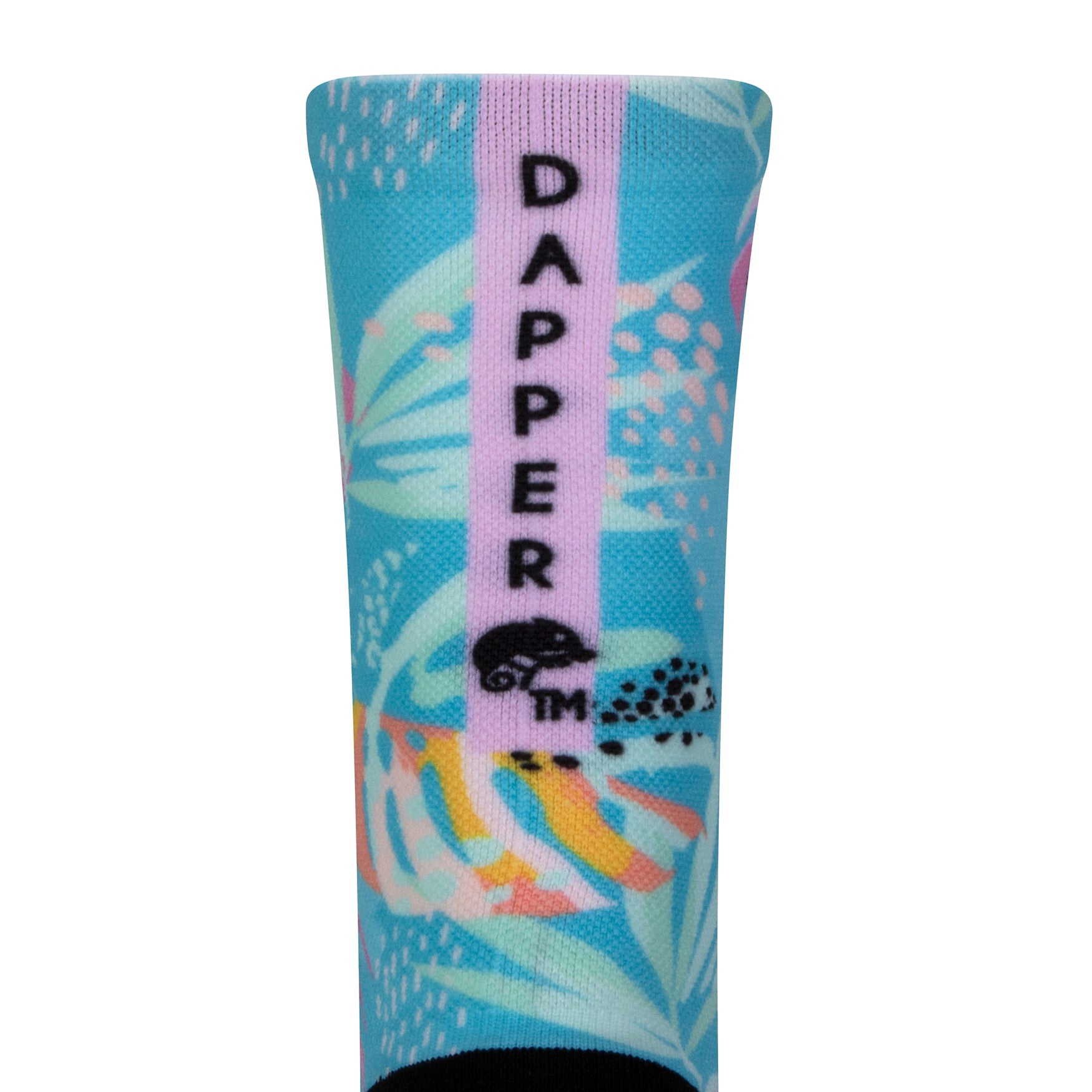 Back view of a seamless toe sock with pastel blue and pink fern design print with a lilac strip with Dapper Chameleon wording and logo in black.