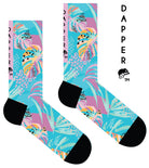 A Computer-Aided Design of a seamless toe sock with pastel blue and pink fern design print and black heel and toe..