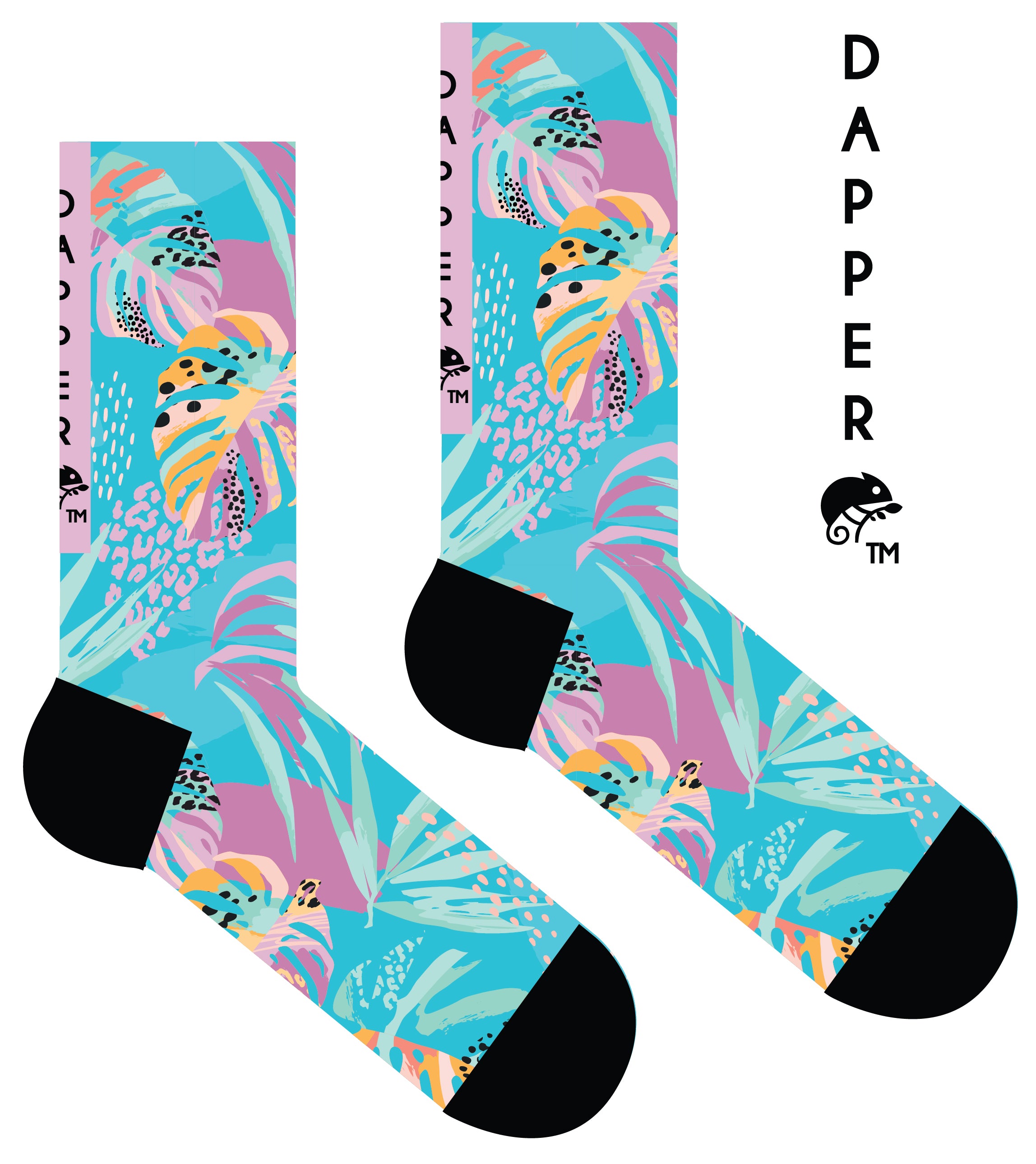 A Computer-Aided Design of a seamless toe sock with pastel blue and pink fern design print and black heel and toe..