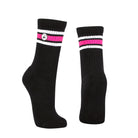 Long length ribbed black combed cotton seamless toe anklet with neon pink and white stripes with a black heel and toe, cushioned foot and circular gripper around the arch of the foot.