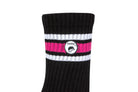 Side view of a long length ribbed black combed cotton seamless toe anklet with neon pink and white stripes with Dapper Chameleon logo.