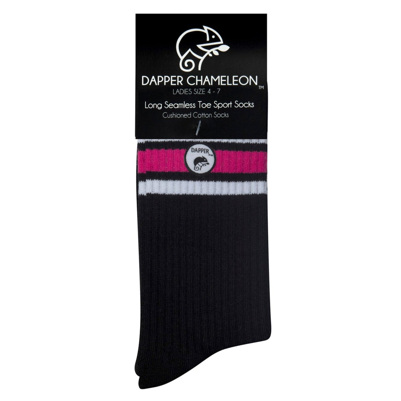 Header card packaging of a long length ribbed black combed cotton seamless toe anklet with neon pink and white stripes with a black heel and toe, cushioned foot and circular gripper around the arch of the foot.