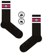 A Computer-Aided Design of a long length ribbed black combed cotton seamless toe anklet with neon pink and white stripes with a black heel and toe, cushioned foot and circular gripper around the arch of the foot.