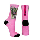 Pink seamless toe sock with white dots and glamour cat print design and black heel and toe.