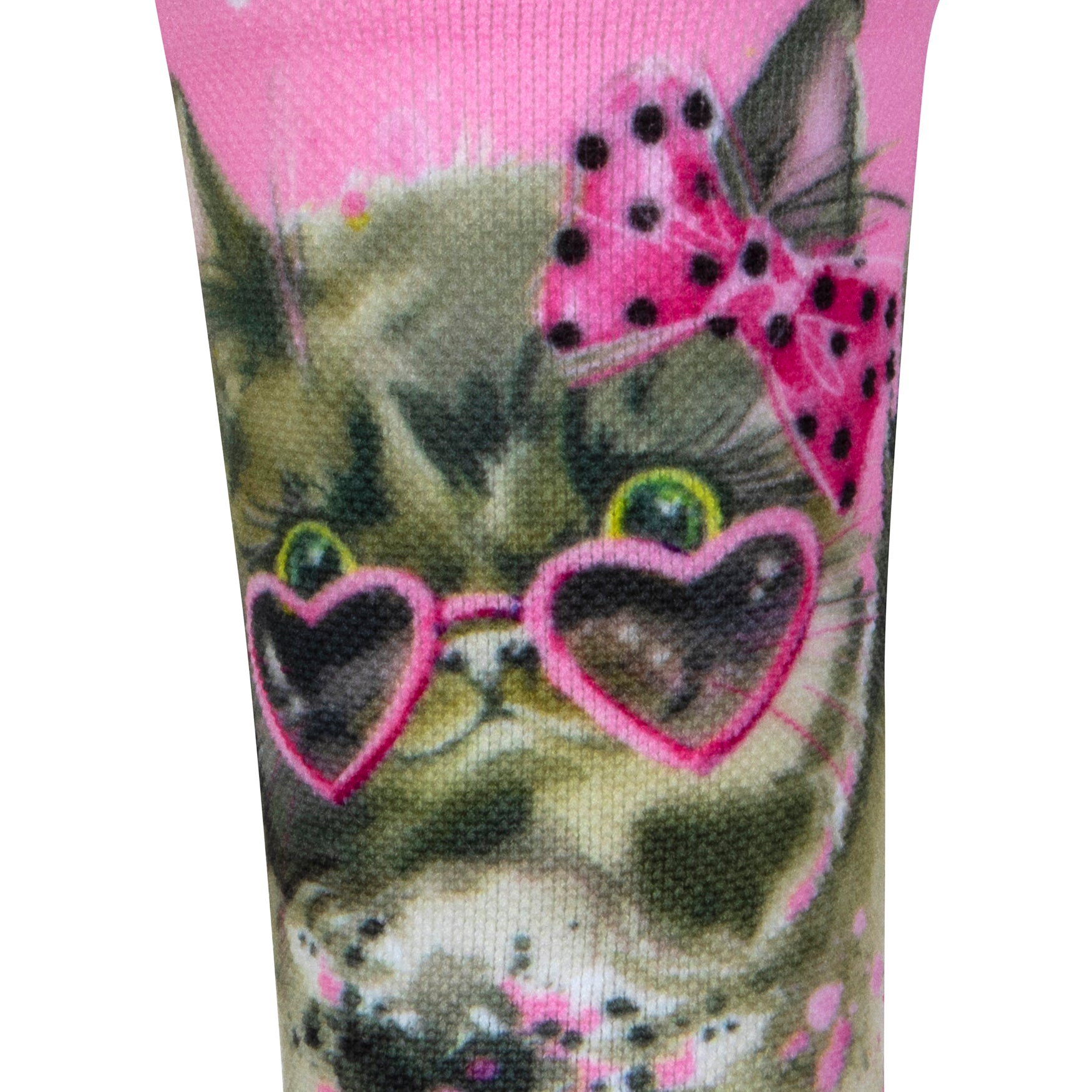 Textured view of a pink seamless toe sock with white dots and glamour cat print design.