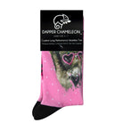 Header card packaging of a pink seamless toe sock with white dots and glamour cat print design and black heel and toe.