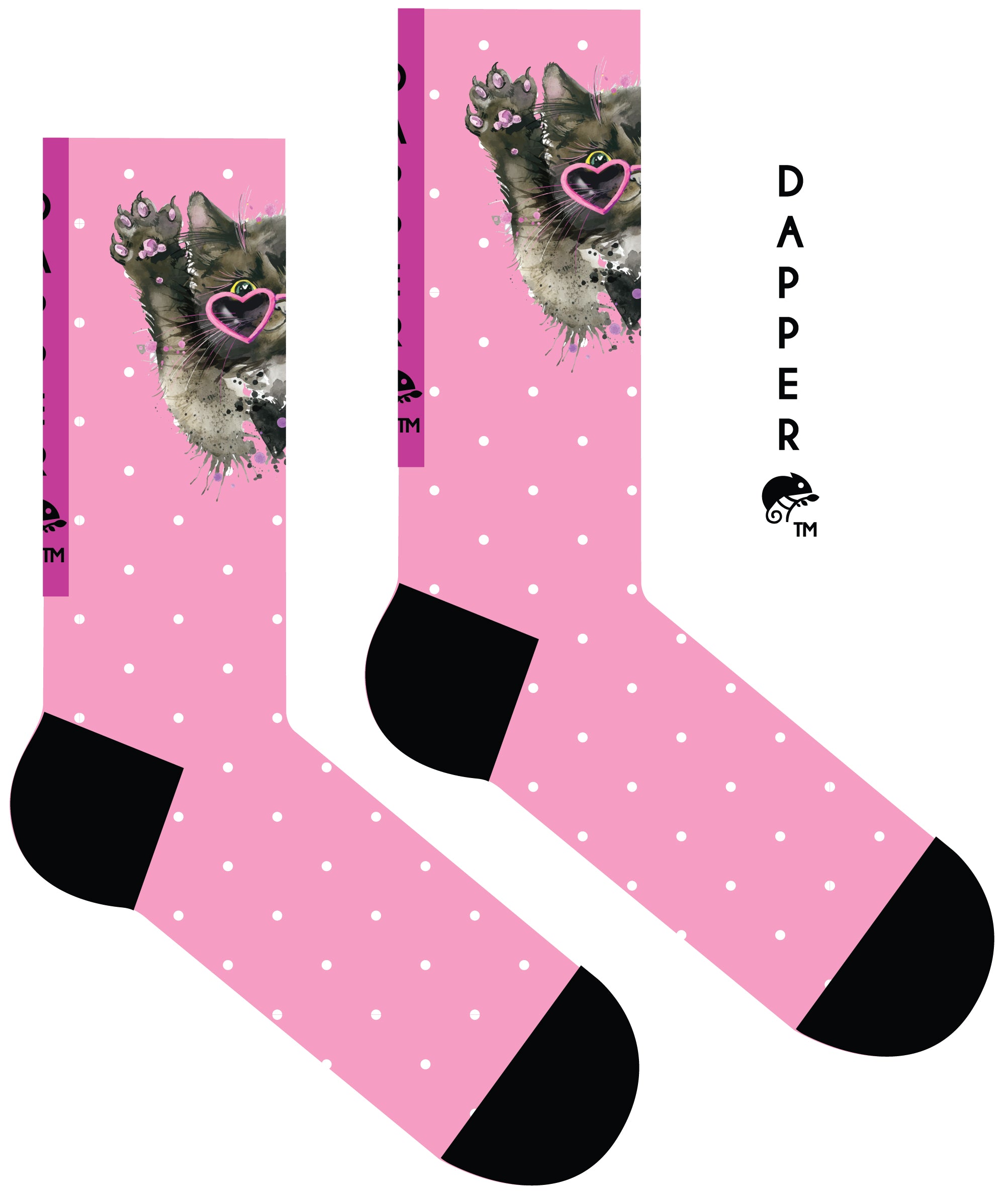 A Computer-Aided Design of a pink seamless toe sock with white dots and glamour cat print design and black heel and toe.